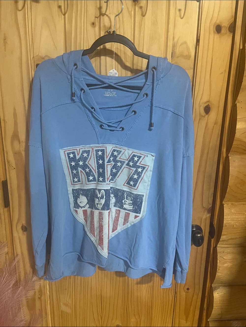 KISS Graphic Lace-Up Oversized Upcycled Hoodie - Light Blue